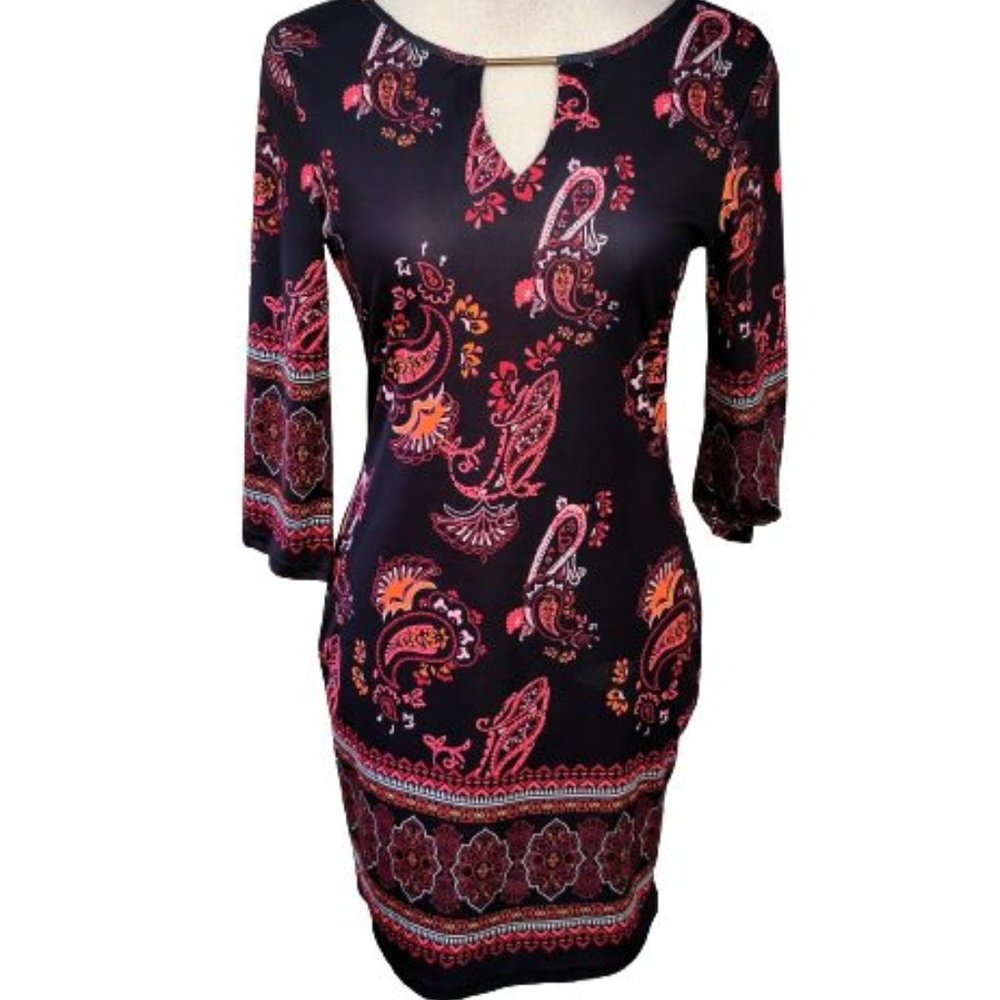 Abstract Print 3/4 Sleeve Keyhole Neck Bodycon Dress Size Large